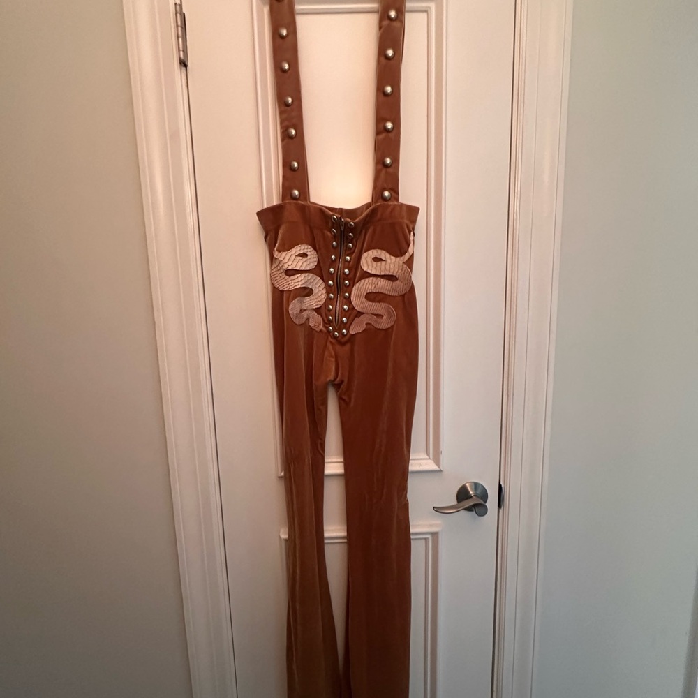 Brown Velvet Snake Embroidered Suspender Jumpsuit